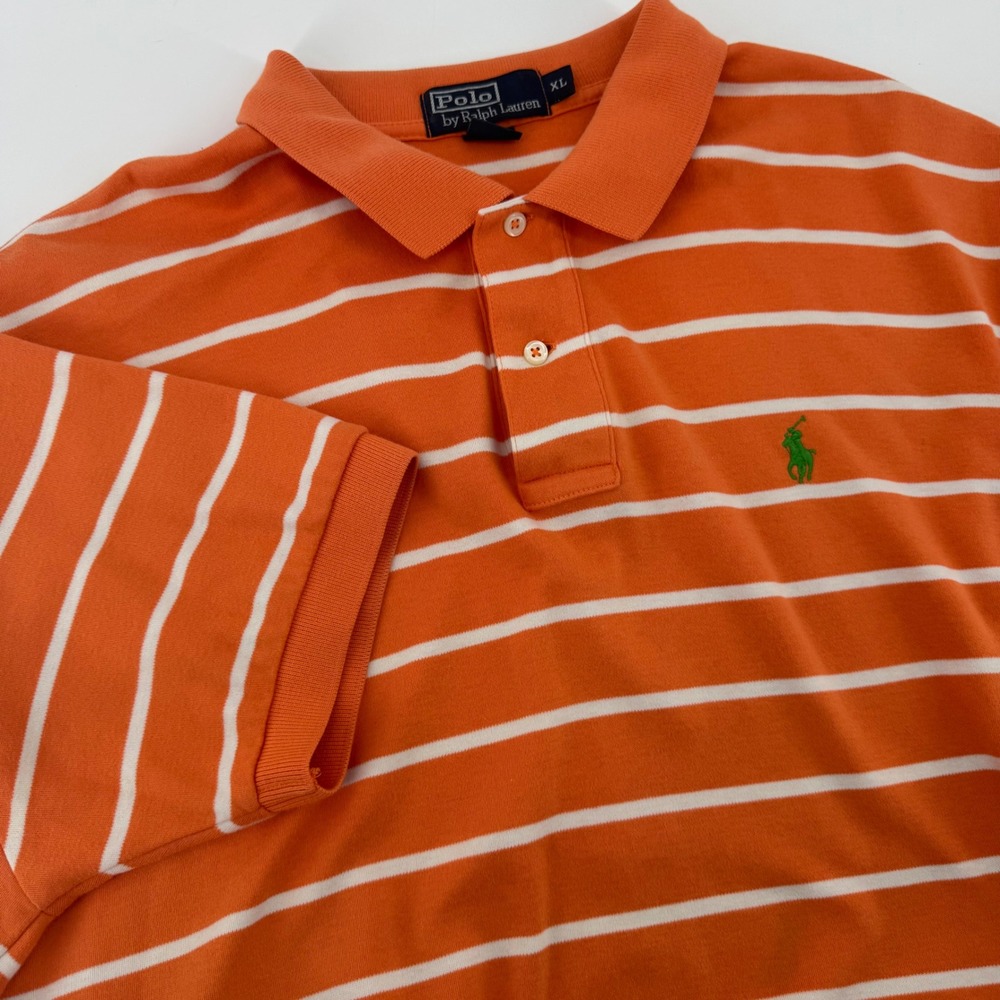 Polo Ralph Lauren Mens Orange White Striped Short Sleeve Polo Shirt XL